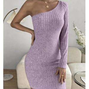 Purple Off Shoulder Rib-Knit BodyCon Dress